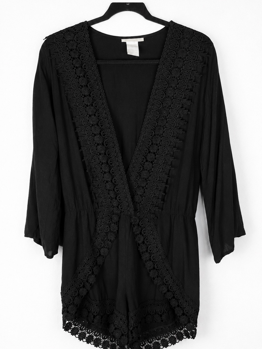 La Blanca Black Crochet Lace Long Sleeve Romper Cover Up Boho Resort Medium ☀️